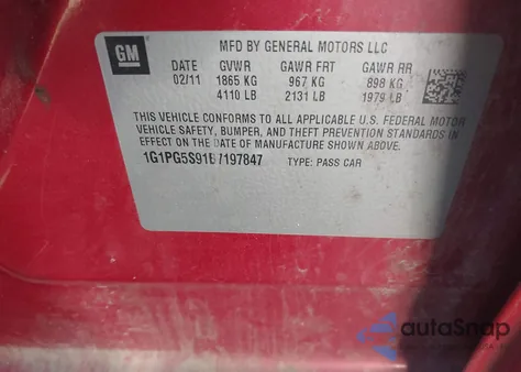 2011 Chevrolet Cruze 2Lt z USA, uszkodzony, nr VIN 1G1PG5S91B7197847